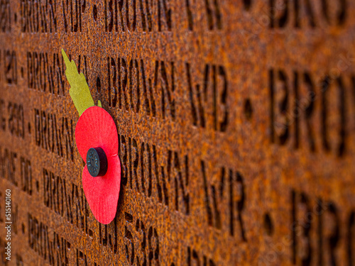Poppy on the memorial to the 57,000 men who lost their lives during WW2 as part of bomber command.