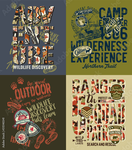 Great outdoor wildlife discovery kids team  vintage vector print collection for children shirt with patch embroideries applique