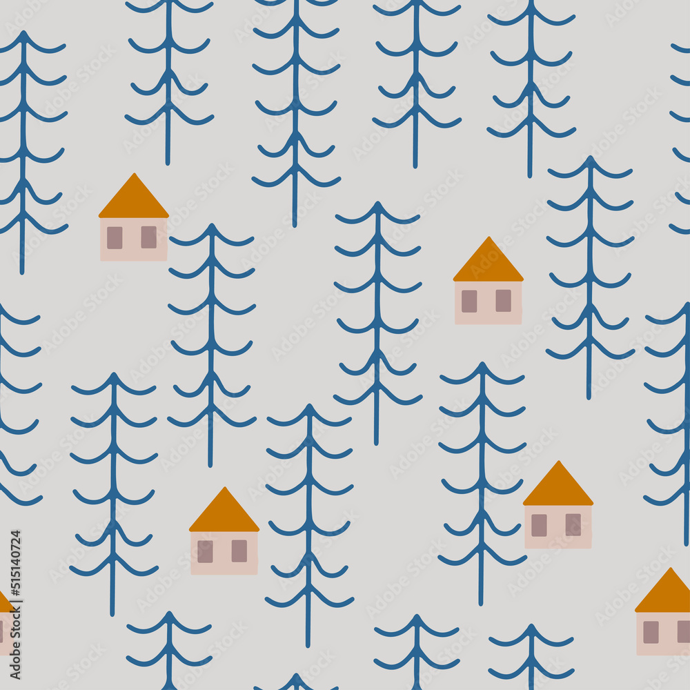 Nordic, Scandinavian inspired folk art seamless pattern - Finnish vector design in blue and red. Vector wallpaper background with flowers, Finnish house, rural scenery decoration - kiddy style