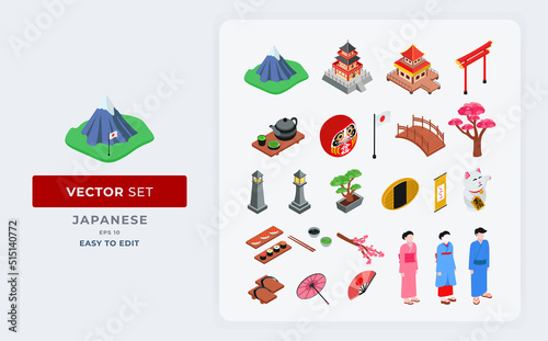 Vector set of isometric collection of iconic japanese elements building and culture. Color Editable Eps 10.