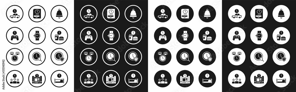 Set Ringing bell, Wrist watch, Gamepad of time, Time to travel, Fast food, for book, Clock with shield and icon. Vector Set Ringing bell, Wrist watch, Gamepad of time, Time to travel, Fast food, for book, Clock with shield and icon. Vector