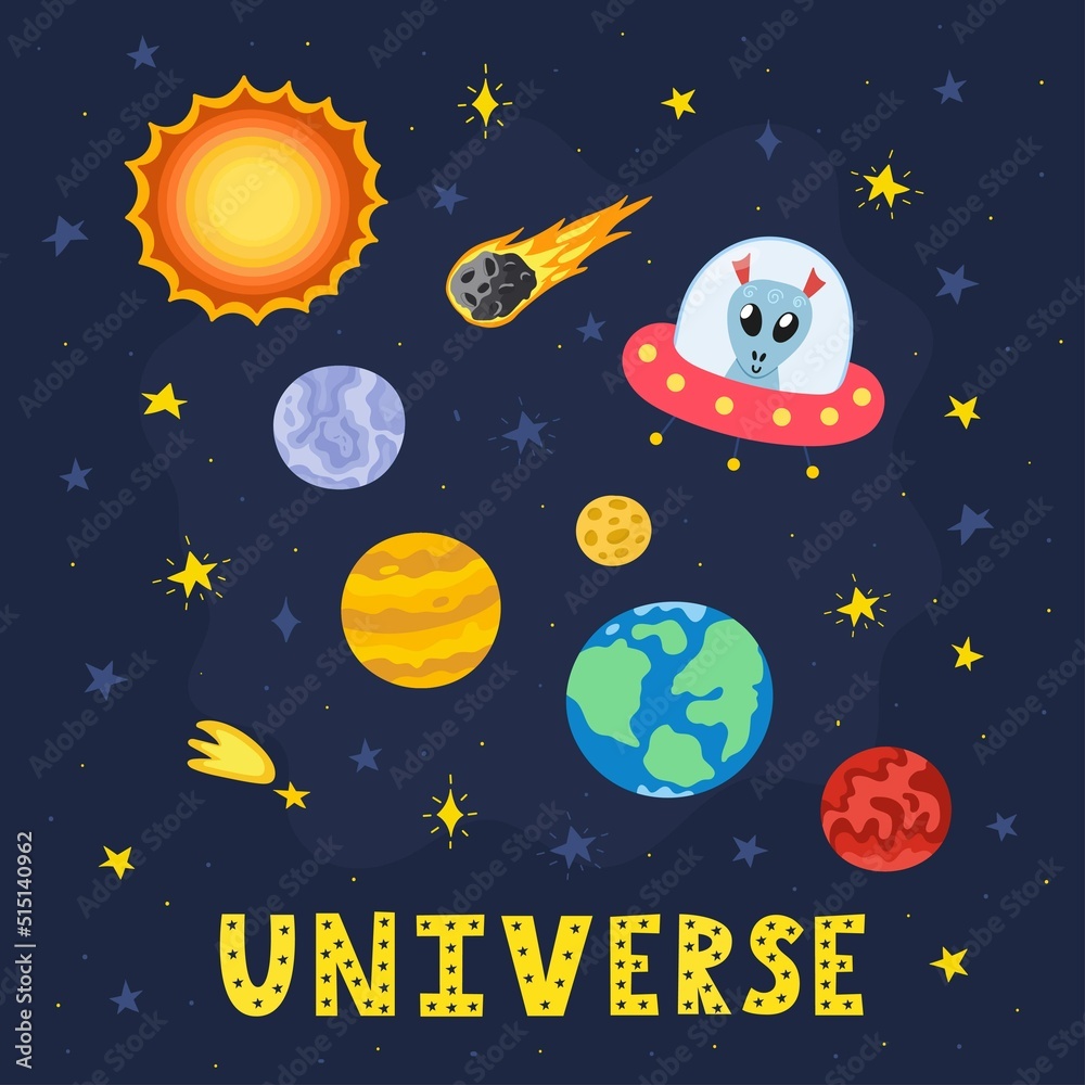 Naklejka premium Universe print with Solar System planets. Space card in cartoon style with cute alien, Sun, Earth and hand drawn lettering. Great for t-shirts and apparel. Vector illustration