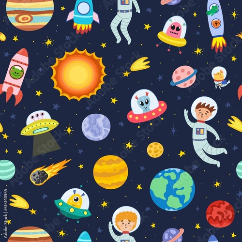 Fototapeta Naklejka Na Ścianę i Meble -  Cute space seamless pattern with astronauts, aliens and planets. Solar System background for kids. Cosmic print great for fabric and wrapping paper. Vector illustration