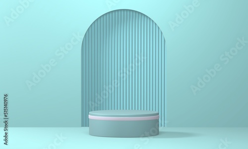 Empty minimalistic turquoise podium with white rim in studio lighting. Single cylinder on a turquoise background with an arch. 3d render
