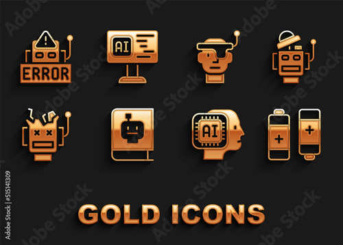 Set User manual, Robot, Battery, Humanoid robot, Broken, Smart glasses, Error in and Software icon. Vector