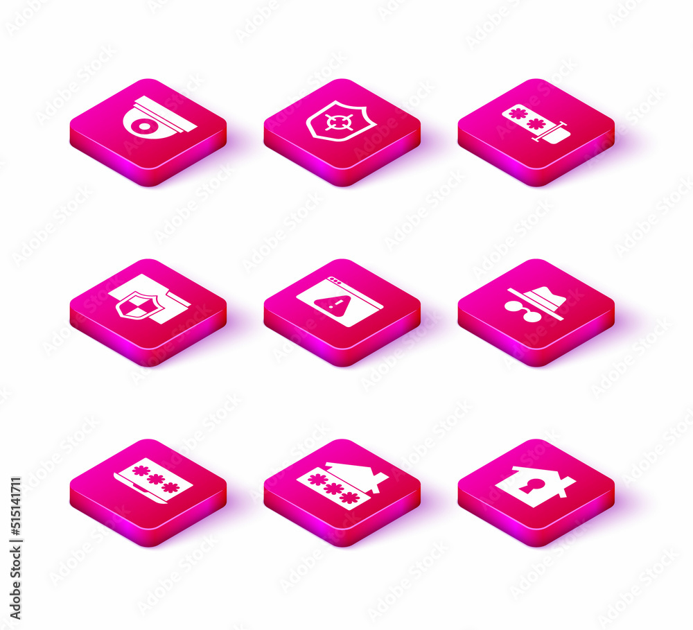 Set Laptop with password, House, Document folder protection, Browser exclamation mark, under, Incognito mode, Password and Shield icon. Vector Set Laptop with password, House, Document folder protection, Browser exclamation mark, under, Incognito mode, Password and Shield icon. Vector
