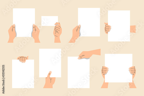Hands holding empty banners set vector isolated. Collection of illustrations of hands holding white paper sheets. Empty space for message.