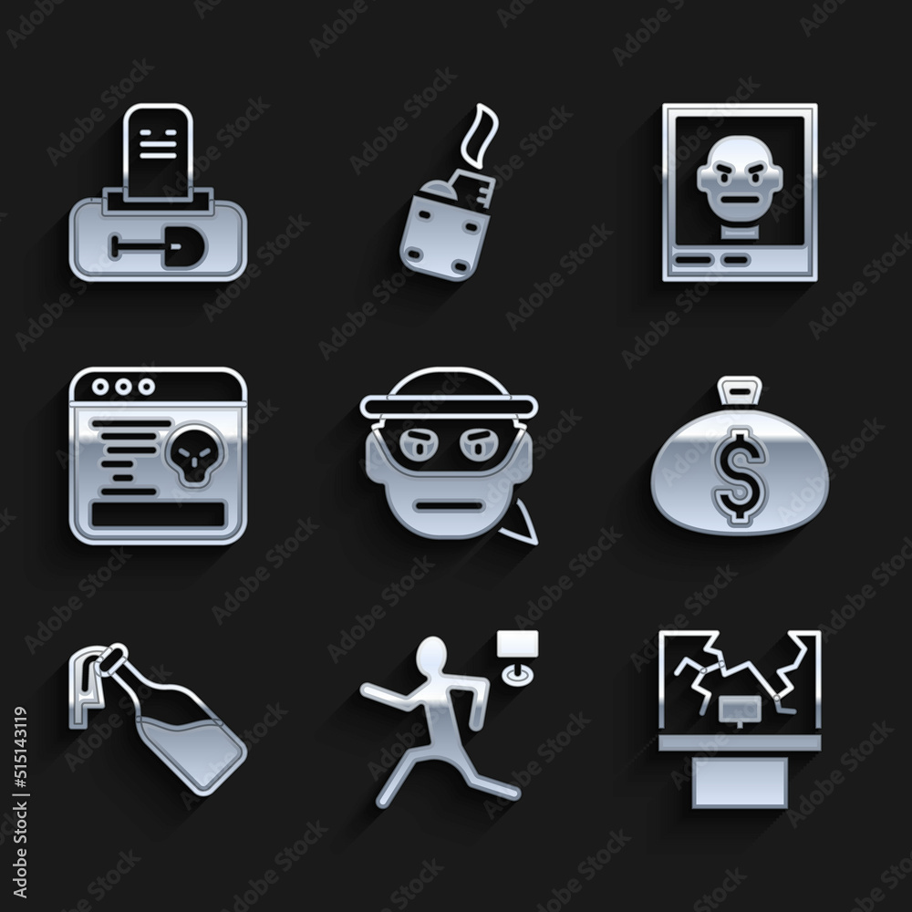 Set Bandit, Murder, Broken window, Money bag, Cocktail molotov, System bug, Wanted poster and Grave with tombstone icon. Vector Set Bandit, Murder, Broken window, Money bag, Cocktail molotov, System bug, Wanted poster and Grave with tombstone icon. Vector