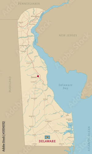 Road map of Delaware, US American federal state. Editable highly detailed Delawarean transportation map with highways and interstate roads, rivers and cities realistic vector illustration