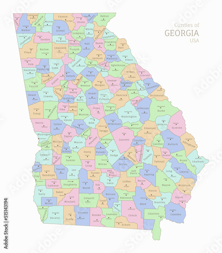 Political color map of Georgia, USA federal state. Highly detailed map of Southeastern American region with territory borders and counties names labeled realistic vector illustration