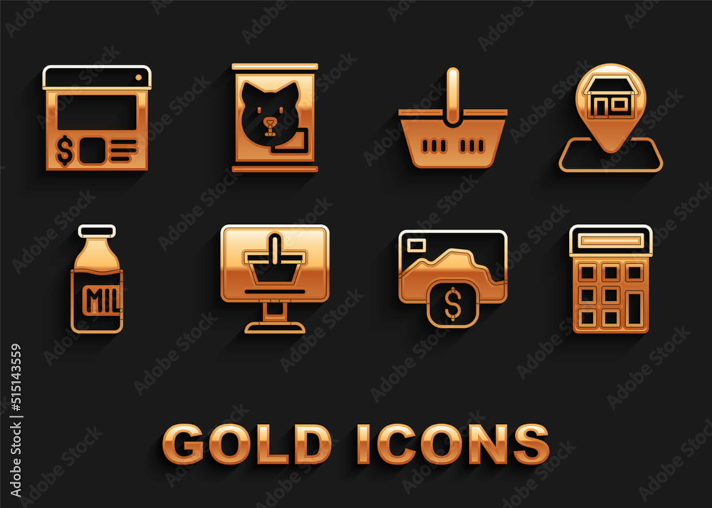 Set Shopping cart on computer, Location Market store, Calculator, Credit card, Bottle with milk, basket, Online ordering and delivery and Canned food icon. Vector Set Shopping cart on computer, Location Market store, Calculator, Credit card, Bottle with milk, basket, Online ordering and delivery and Canned food icon. Vector