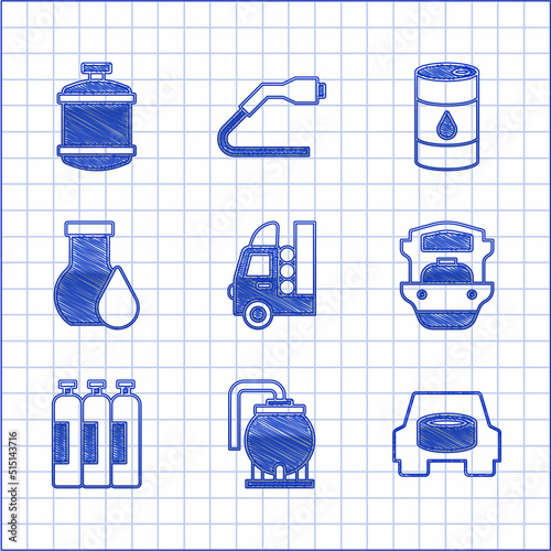 Set Gas tank for vehicle, Oil storage, Spare wheel in the car, tanker ship, Industrial gas cylinder, petrol test tube, Barrel oil and Propane icon. Vector