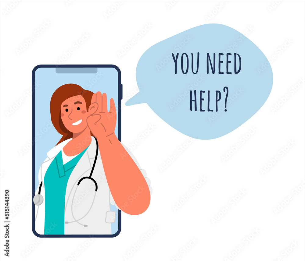 Online help or onsultation with doctor via mobile phone.Flat vector Online help or onsultation with doctor via mobile phone.Flat vector