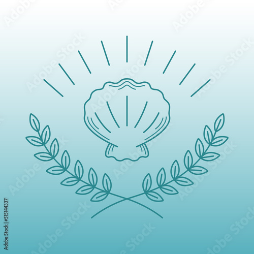 Simple line art logo of wreath leaves with seashell