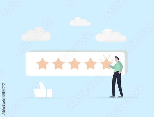 Customer Evaluation and Satisfaction Feedback review, performance rating concept. Confidence businessman or customer character giving 5 Stars, positive ranking for best quality result