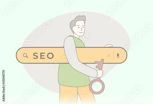 SEO - Search Engine Optimization concept. Improve quality and quantity traffic to website from search engines. Hand-drawn style seo specialist holds search bar under his arm and a key in his hand