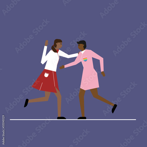 LGBTQ love, diversity and relationship concept. Lesbian couple love concept, two women run to each other, Homosexual relationship, female LGBT partners, good for poster, banner or card