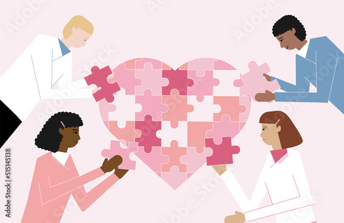 Young people collect a heart from a puzzle. Concept: volunteers, an international organization, young men and women, taking care of their neighbor, donations to the needy, food for the homeless.