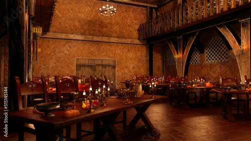 Fotografia, Obraz 3D rendering of medieval great hall lit be candle light with tables set for a feast