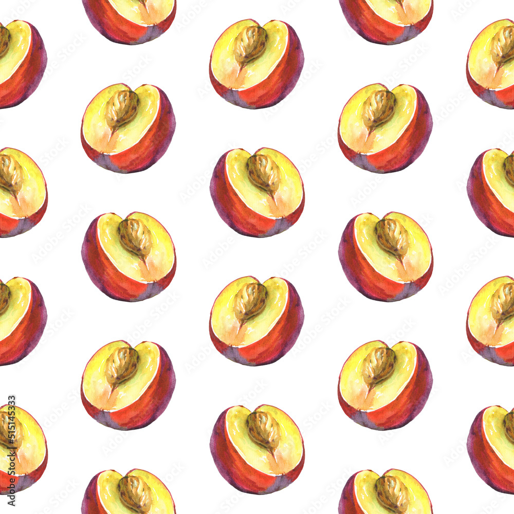 Seamless pattern with watercolor nectarine fruit. Isolated on white background. Hand-painted food illustration. Seamless pattern with watercolor nectarine fruit. Isolated on white background. Hand-painted food illustration.