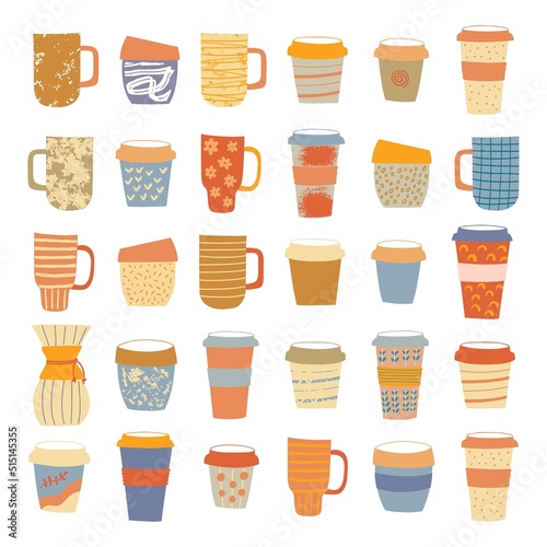 Hand drawn set various coffee cups. Colored vector set on white background