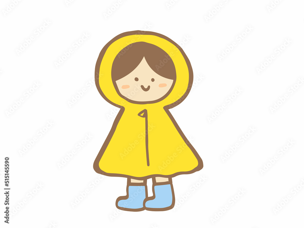 かわいい梅雨の日の子どもとレインコート/手描きイラスト かわいい梅雨の日の子どもとレインコート/手描きイラスト