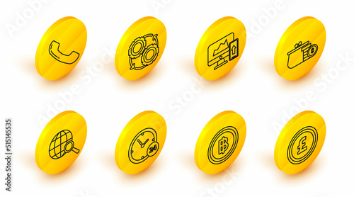 Set line Coin money with pound sterling symbol, Wallet coins, Financial chart or graph the computer monitor and mobile phone, Gear arrows workflow process concept and Telephone handset icon. Vector