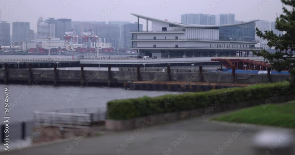 Miniature industrial cranes near the container wharf in Tokyo cloudy day Miniature industrial cranes near the container wharf in Tokyo cloudy day