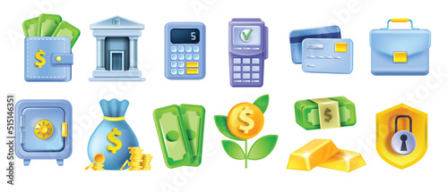 3D money bank icon set, credit card, building, vector finance business kit, locked safe, terminal. Bank icon collection, golden bar, calculator. Online payment economy illustration, cashback wallet