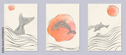 Vector abstract set of dolphins in ocean at daylight, watercolor textured sun. Minimalist modern posters with curves. Prints for home and business decor, journal illustration, cover, banner, wall art