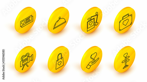 Set line Signpost with heart, Heart on hand, Shopping bag, Cinema camera, Suitcase for travel, Two blanks photo frames hearts, Covered tray of food and Ticket icon. Vector