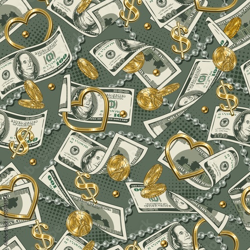 Money vintage seamless pattern with 100 US dollar bills, gold 1 dollar coins, dollar sign, string of pearls, gold ball beads, heart shaped frame. Vector illustration. Chaotic messy composition.