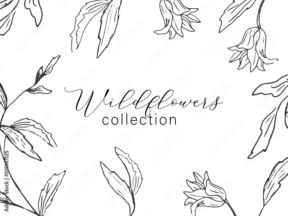 Hand Drawn Vintage Sketch Floral Branch Frame. Wild Flowers Bouquet for wedding invitation, greeting, birthday card, anniversary, fabric, textile, print, poster. Vector