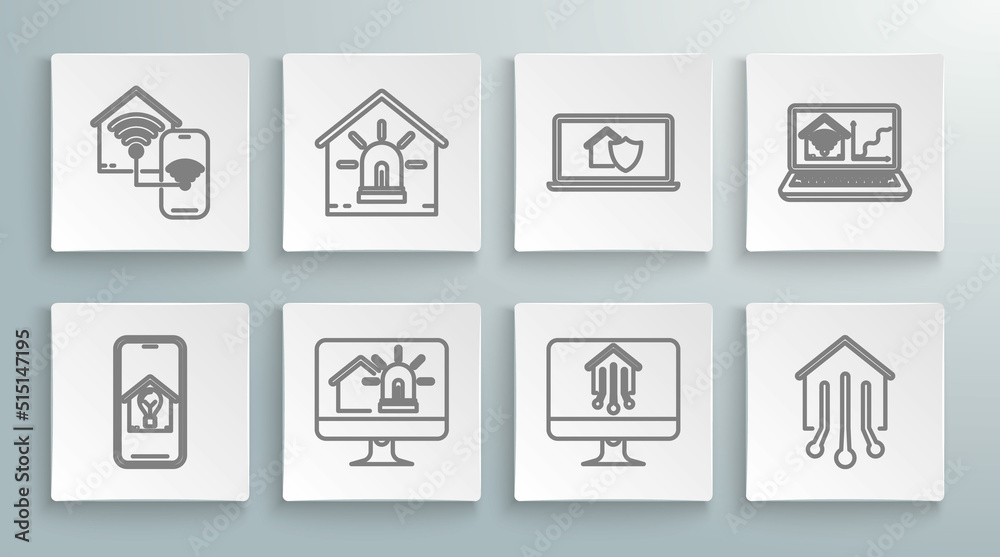 Set line Mobile phone with smart house and light bulb, Smart alarm, Computer monitor, home, Laptop under protection, wi-fi and icon. Vector Set line Mobile phone with smart house and light bulb, Smart alarm, Computer monitor, home, Laptop under protection, wi-fi and icon. Vector