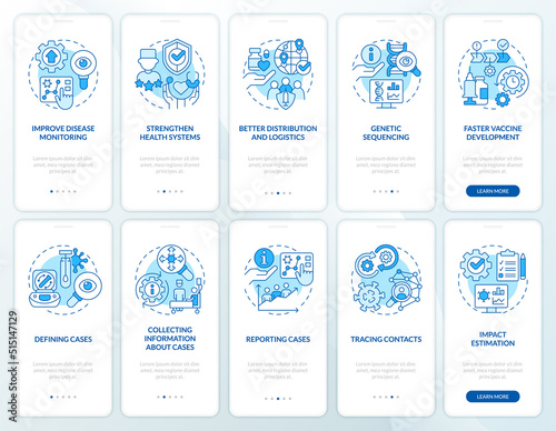Disease monitoring blue onboarding mobile app screen set. Walkthrough 5 steps editable graphic instructions with linear concepts. UI, UX, GUI template. Myriad Pro-Bold, Regular fonts used