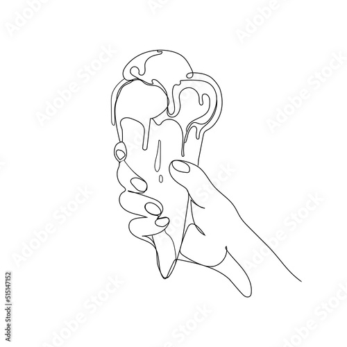 Ice cream cone lineart hand drawn vector illustration.Ice cream in human hand continuous line drawing isolated on white background.Minimal art sweet food.Cold dessert.Black and white sketch