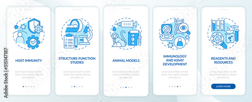 Pandemic preparedness preclinical research blue onboarding mobile app screen. Walkthrough 5 steps editable instructions with linear concepts. UI, UX, GUI template. Myriad Pro-Bold, Regular fonts used