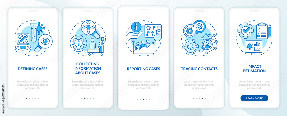 Disease monitoring steps blue onboarding mobile app screen. Walkthrough 5 steps editable graphic instructions with linear concepts. UI, UX, GUI template. Myriad Pro-Bold, Regular fonts used