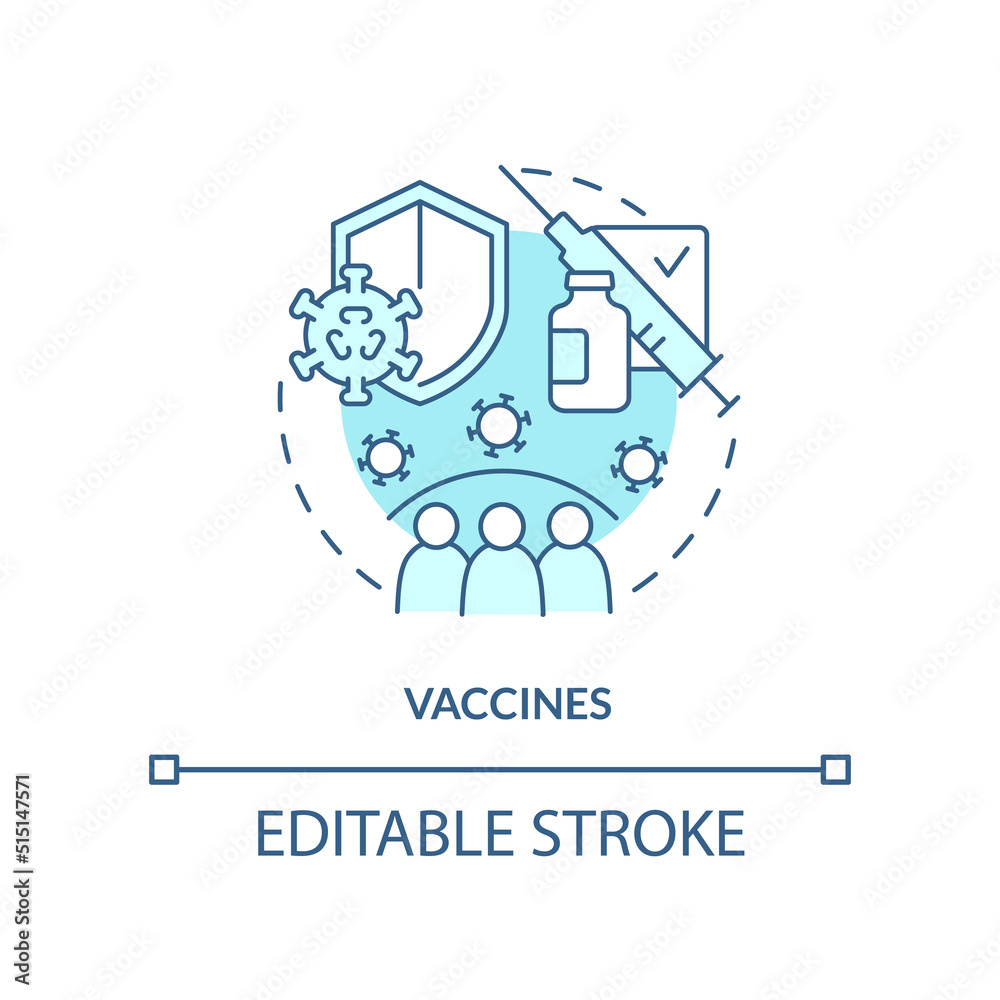 Vaccines turquoise concept icon. Pandemic preparedness clinical research abstract idea thin line illustration. Isolated outline drawing. Editable stroke. Arial, Myriad Pro-Bold fonts used