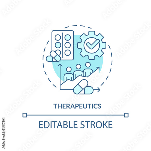 Therapeutics turquoise concept icon. Pandemic preparedness clinical research abstract idea thin line illustration. Isolated outline drawing. Editable stroke. Arial, Myriad Pro-Bold fonts used