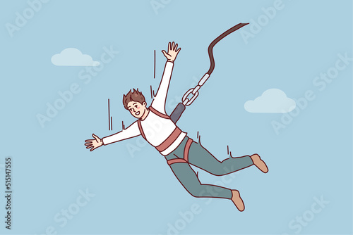 Excited young man jumping with parachute. Smiling guy enjoy extreme sport with rope jumping. Vector illustration. 