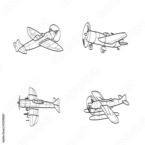 Set of airplanes hand-drawn. The contours of the aircraft in Doodle style on white background.