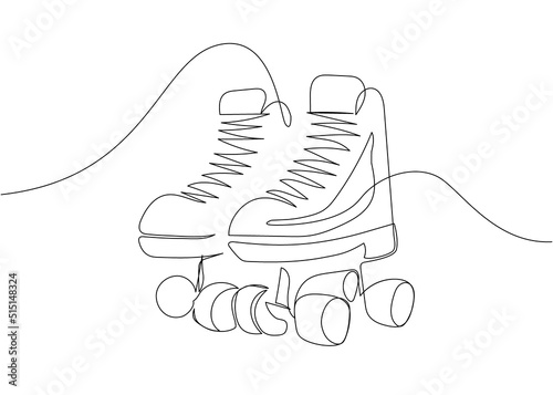 Retro roller skates, footwear one line art. Continuous line drawing of sport, shoes, skating, speed, rollerskating, retro, exercise, hobby, training, activity, sporty, athlete, training.