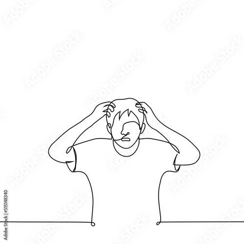 man clutching his head - one line drawing vector. concept scratching one's head (scalp), tearing one's hair, horror or despair