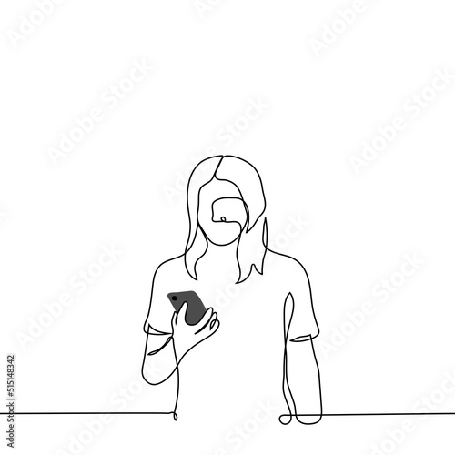 long haired woman standing looking at phone - one line drawing vector. concept stick to the phone, internet addiction, read breaking news