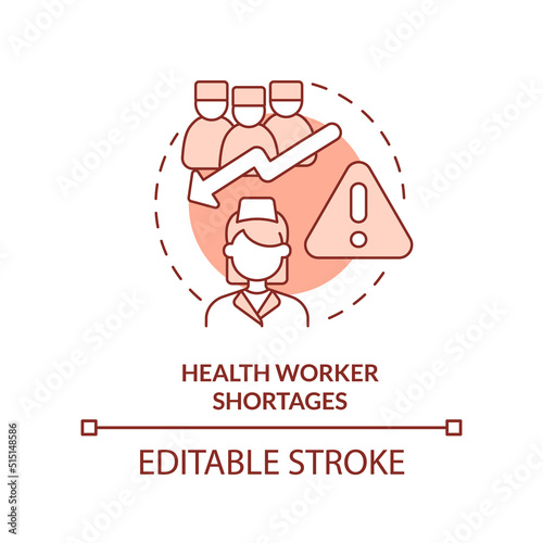 Health worker shortages red concept icon. Reason for increased risk of pandemic abstract idea thin line illustration. Isolated outline drawing. Editable stroke. Arial, Myriad Pro-Bold fonts used