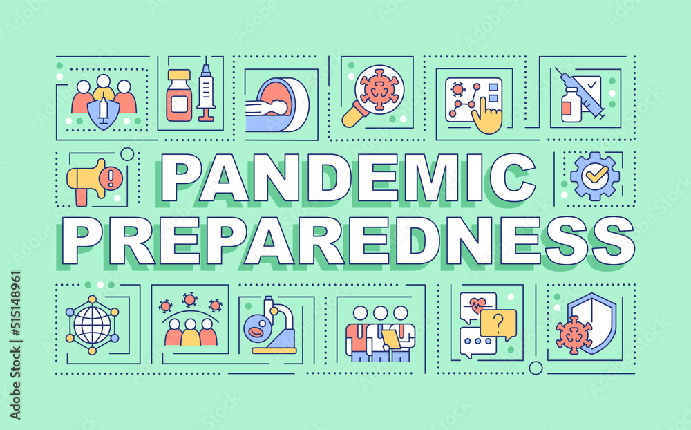 Pandemic preparedness word concepts green banner. Struggle virus. Infographics with editable icons on color background. Isolated typography. Vector illustration with text. Arial-Black font used Pandemic preparedness word concepts green banner. Struggle virus. Infographics with editable icons on color background. Isolated typography. Vector illustration with text. Arial-Black font used