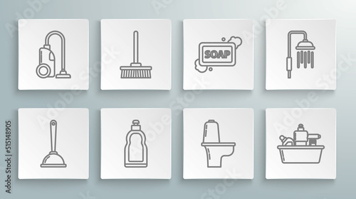 Set line Toilet plunger, Mop, Plastic bottles for liquid dishwashing liquid, bowl, Bar of soap with foam, Shower head water drops flowing and Vacuum cleaner icon. Vector