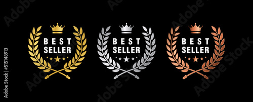 Set best seller sticker or label premium quality in laurel vector gold, silver and bronze. Crown icon and five stars laurel vector isolated.