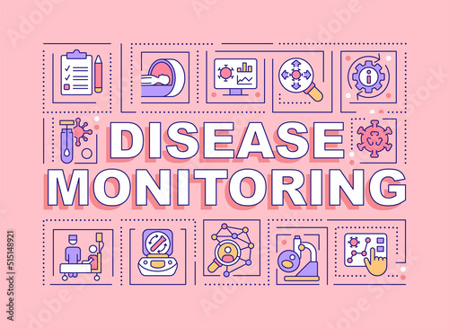 Disease monitoring word concepts pink banner. Infection surveillance. Infographics with editable icons on color background. Isolated typography. Vector illustration with text. Arial-Black font used